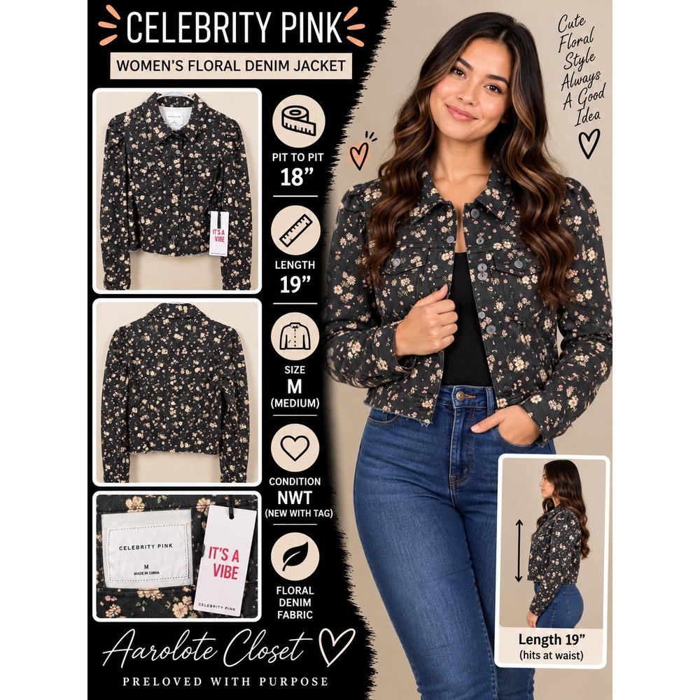 Celebrity Pink Womens Floral Denim Jacket Black Pink Puff Sleeve Cropped Medium